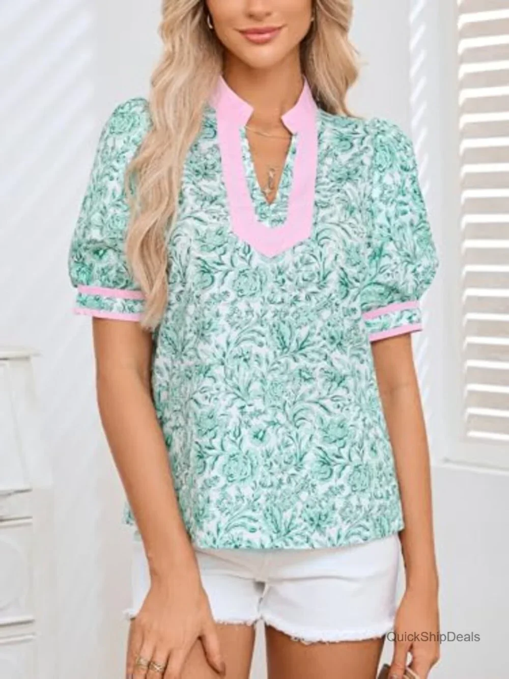 Floral Print Short Puff Sleeve V Neck Patchwork Collared Blouse